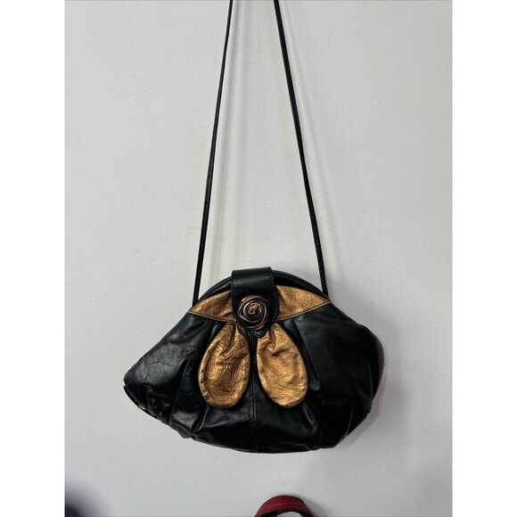 VINTAGE ART DECO/RETRO BLACK AND COPPER FLOWER HINGED SHOULDER BAG - Picture 1 of 6